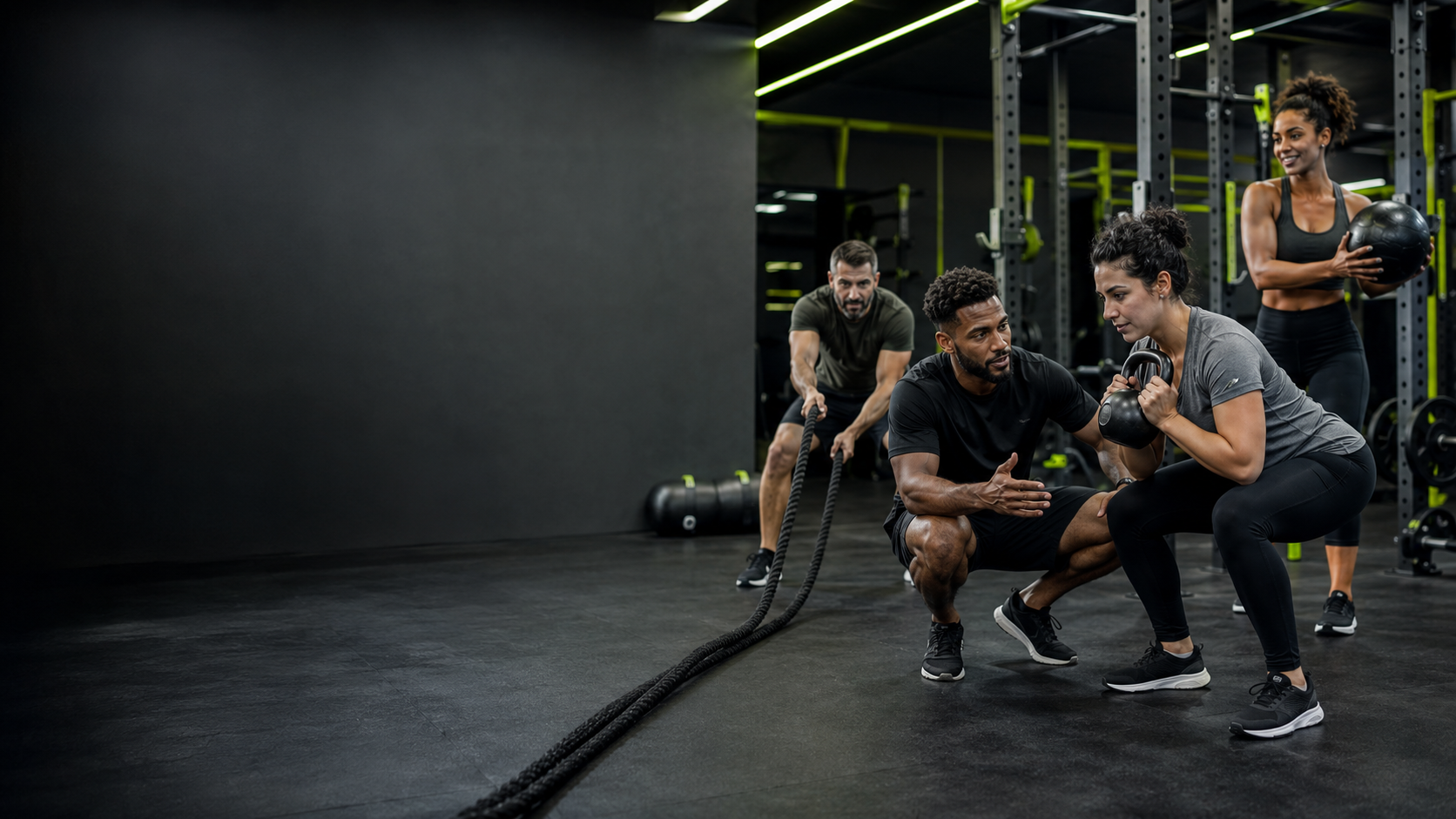 Pessoas treinando com acompanhamento em uma academia moderna